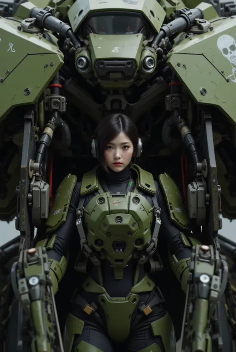 8k,Realistic Skin Texture、Superrealism、Realistic Photo、Near-future軍所属の日系女性パイロットが大型ロボットのコックピットに乗っている、Damaged moss green battle armor robot、Skull mark painted on armor、Near-future、Painting of the unit and identification number、Peeling paint、Oil stains、Detai...