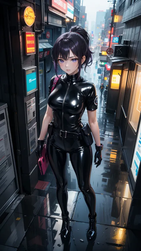 (Masterpiece, center, Detailed), a girl, Alone, seen from above, looking at the spectator, ojos Detaileds, purple eyes shirt, purple hair short ponytail, Love, Medium breasts, ((black latex bodysuit)), (black gloves, ((shiny black leggings)), black boots, ...