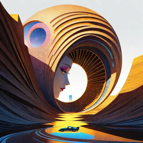 a futuristic landscape in the illustrative style of french illustrator Moebius, (blues, yellows), brutalist architecture, brutalism, retrofuturistic, french retro, retrofuturistic car, (White background:1.4),(Isabella Rosalini), head silhouette, Eyes close...