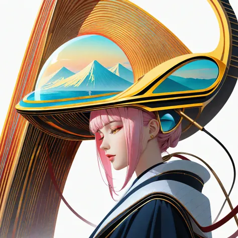 a futuristic landscape in the illustrative style of french illustrator Moebius, (blues, yellows), brutalist architecture, brutalism, retrofuturistic, french retro, retrofuturistic car, (White background:1.4),(Isabella Rosalini), head silhouette, Eyes close...