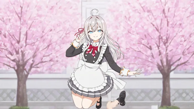 masterpiece, best quality, amazing quality,
1girl, solo, looking at viewer, full body, wide smile,
long hair, silver hair, ahoge, red hair ribbon, sidelocks, blue eyes,
gothic lolita, black top, long sleeves, ruffled sleeves, white apron, large bow, short ...