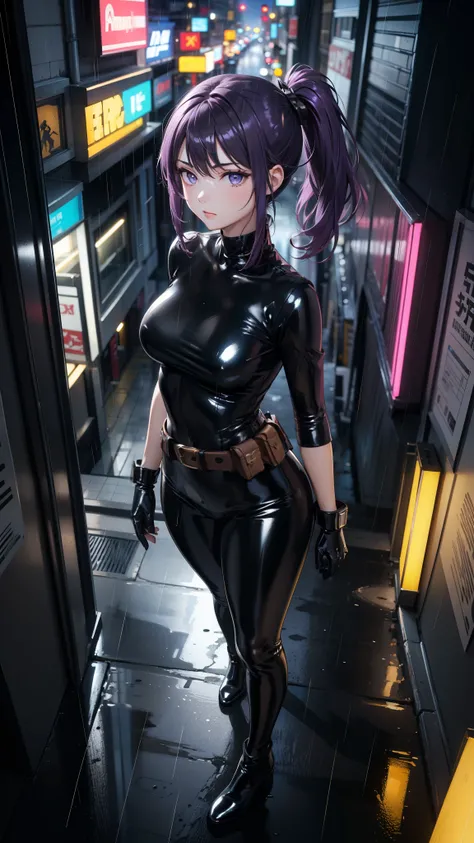 (Masterpiece, center, Detailed), a girl, Alone, seen from above, looking at the spectator, ojos Detaileds, purple eyes shirt, purple hair short ponytail, Love, Medium breasts, ((black latex bodysuit)), (black gloves, ((shiny black leggings)), black boots, ...