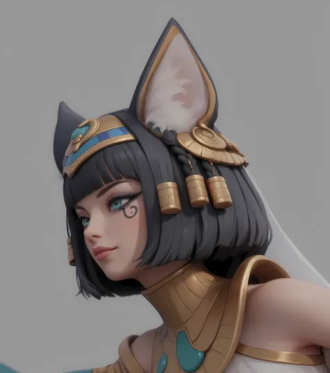 from the side,3D rendered Egyptian-style female character in profile view. Smooth, glossy black hair with straight bangs. Distinctive white teardrop-shaped cat ear ornament on top of the head with gold trim edges. Three elegant black braids hanging from be...