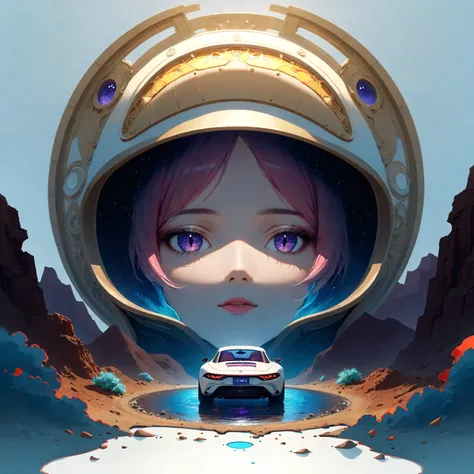 a futuristic landscape in the illustrative style of french illustrator Moebius, (blues, yellows), brutalist architecture, brutalism, retrofuturistic, french retro, retrofuturistic car, (White background:1.4),(Isabella Rosalini), head silhouette, Eyes close...
