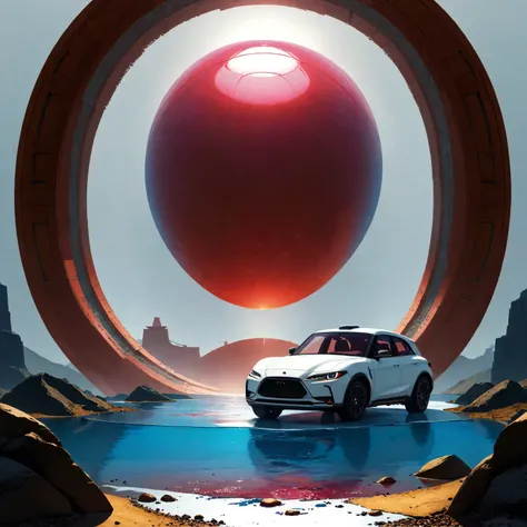 a futuristic landscape in the illustrative style of french illustrator Moebius, (blues, yellows), brutalist architecture, brutalism, retrofuturistic, french retro, retrofuturistic car, (White background:1.4),(Isabella Rosalini), head silhouette, Eyes close...