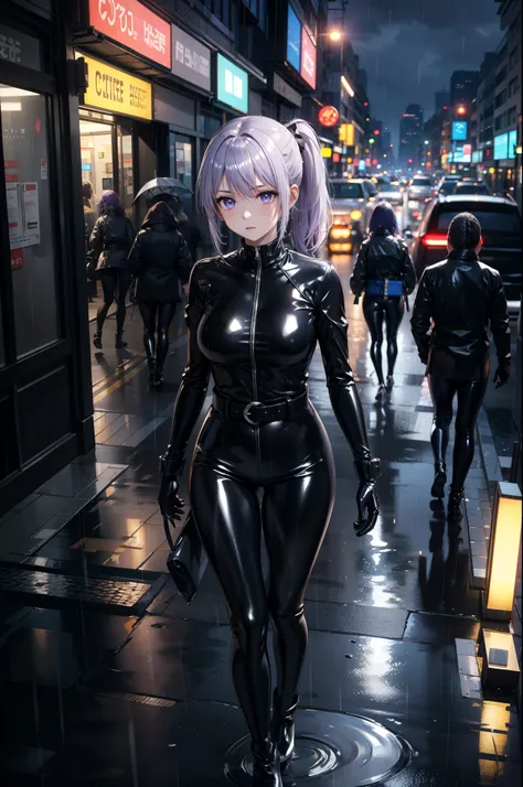 (Masterpiece, center, Detailed), a girl, Alone, seen from above, looking at the spectator, ojos Detaileds, purple eyes shirt, Lavender hair short ponytail, Love, Medium breasts, ((black latex bodysuit)), (black gloves, ((shiny black leggings)), black boots...