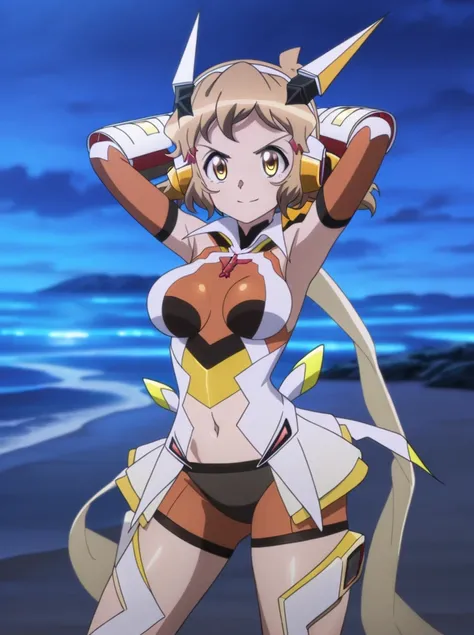 hibikigear, anime screenshot, 1girl, solo, short hair, brown hair, brown eyes scarf, headgear, navel, headphones, bodysuit, medium breasts, gauntlets,, hair ornament, shiny skin, high quality, solo, night sky, beach, (contrapposto), closed mouth, (hands be...
