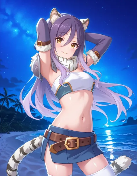 shiori, long hair, hair between eyes, multicolored hair, purple hair, light purple hair, yellow eyes, tiger ears, tiger tail, scarf, tube top, single shoulder pad, fur trim, midriff, elbow gloves, fingerless gloves, brown belt, blue skirt, white thighhighs...