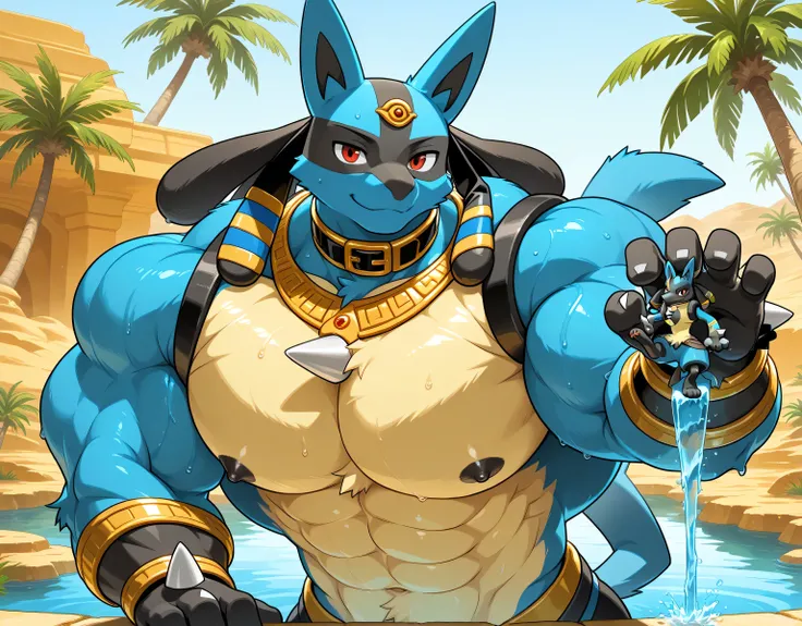 detailed background, low view, front view, oasis, rocks, palm trees, water pond, close up, solo, alone, score_9_up,score_8_up,score_7_up,score_6_up,score_5_up,score_4_up, BREAK kemono, bara, furry, 1boy, anthro, lucario, Blue Fur, Chest Spike, Red Eyes, ye...