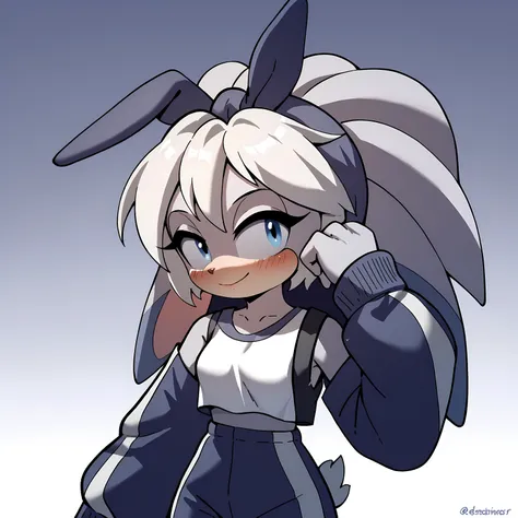 A grey bunny with blue eyes, Solo, 1girl, High Resolution, White Hair, Best Quality, High Resolution, long ears, grey shoulder length hair, 1girl, Smile, streetwear outfit, details, HD, hot, young woman, sexy, grey hair, Blue eyes, Animal Ears, Rabbit Ears...