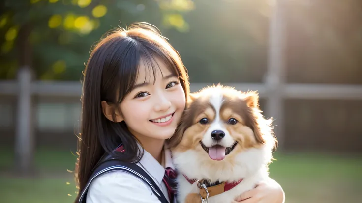A young girl in a Japanese school uniform, smiling while holding a small, fluffy brown dog wearing Japanese schoolgirl uniform. The girl has shoulder-length wavy black hair and a gentle expression. The background is plain white. The style is realistic with...