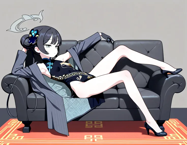 kisaki-default,kisaki \(blue archive\),grey eyes,black hair,double bun,twintails,halo,grey jacket,china dress,pelvic curtain , set on sofa , open legs , long legs , high heels , open arms , full body 
