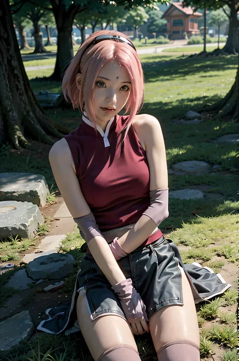 there is a woman sitting on the grass in a red top, sakura haruno, haruno sakura, ayaka cosplay, anime girl cosplay, from final fantasy vii, sakura haruno in slug sage mode, from final fantasy xiii, from final fantasy, cute girl with short pink hair, yayoi...