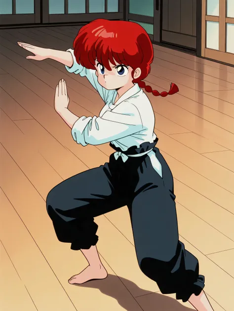 masterpiece, better quality, newer, Absurds, highres, detailed eyes, beautiful, detailed background,  Perfect Eyes, anime coloring, retro art style,  1990's \( style\), a girl, Alone , ranma-chan, red hair, Long Hair, simple braid, blue eyes, medium breast...