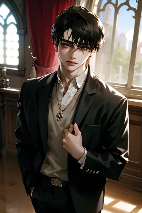 The image depicts a person with medium-length, slightly tousled hair wearing a dark, fitted jacket layered over a high-collared, dark shirt. The outfit is adorned with a prominent, intricate necklace, serving as an accessory that adds to the individual's s...