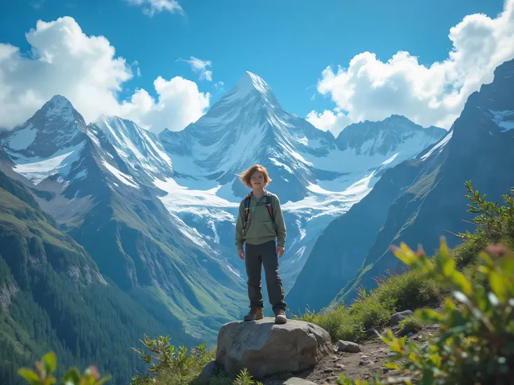 boy at the top of a mountain on a bright sunny day