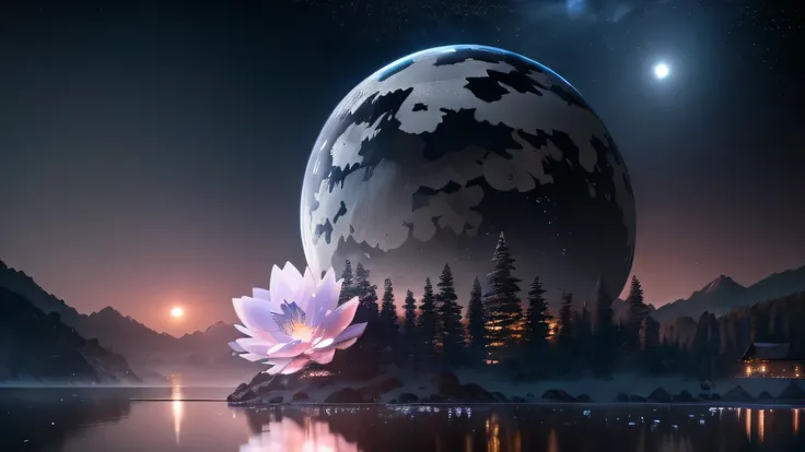 masterpiece, best quality, (Highly detailed CG unity 8k wallpaper), (best quality), (The best illustration ), (Best Shadows), 发光精灵, ( no one:1.5), Lack of manpower, night view, Round lake, It is surrounded by woods, (lake, Moonlight shines: 1.3), Sky, Ful...