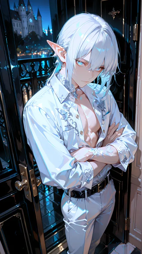 masterpiece,best quality,amazing quality, detailed eyes, very aesthetic, depth of field, detailed background, 1boy, ,solo, male has ivory skin, male has long face, male has medium lenght hair, male's inner hair is blue , male has squinted eyes, male has li...