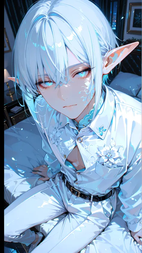 masterpiece,best quality,amazing quality, detailed eyes, very aesthetic, depth of field, detailed background, 1boy, ,solo, male has ivory skin, male has long face, male has medium lenght hair, male's inner hair is blue , male has black lashes, male has squ...
