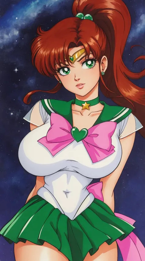 kino_makoto, huge_breasts, standing, solo, White_leotard_Green_sailor_collar_Green_miniskirt_White_gloves_Star_choker_Pink_bowtie_Pink_back_bow_Circlet_Heart_brooch_See-through_sleeves, starry_sky,, masterpiece, best quality, detailed face, detailed eyes, ...