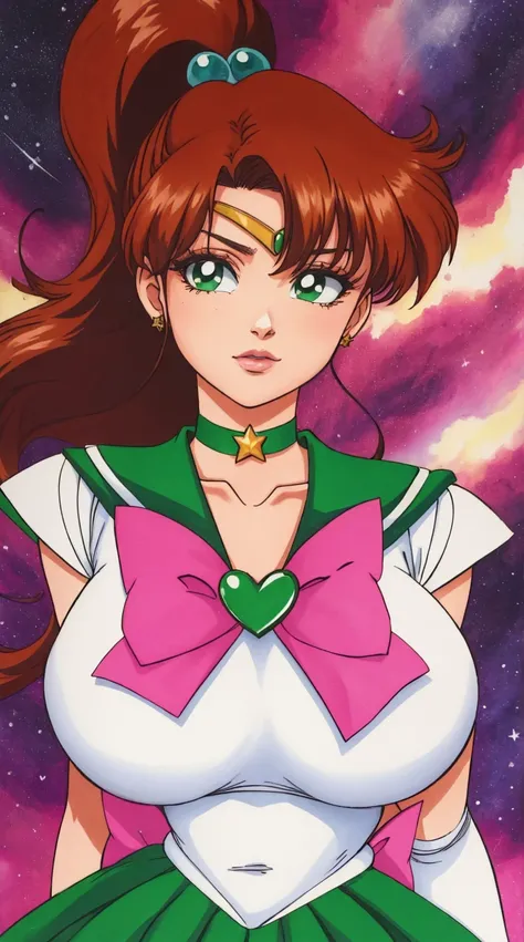 kino_makoto, huge_breasts, standing, solo, White_leotard_Green_sailor_collar_Green_miniskirt_White_gloves_Star_choker_Pink_bowtie_Pink_back_bow_Circlet_Heart_brooch_See-through_sleeves, starry_sky,, masterpiece, best quality, detailed face, detailed eyes, ...