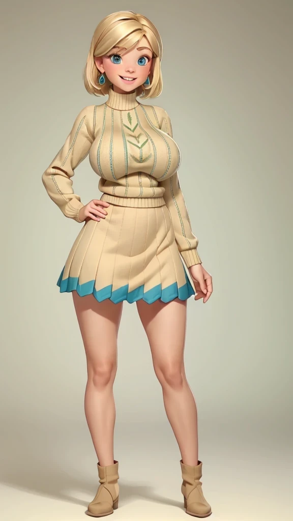 (Beautiful, huge breasts:1.4),
Blonde hair, blue eyes, smile, short hair, mini skirt, Riley as an adult, adult, full body view, full body view, multicolored chevron sweater (red, green, beige), tall, tall, peitos grandes, mostrando peitos 