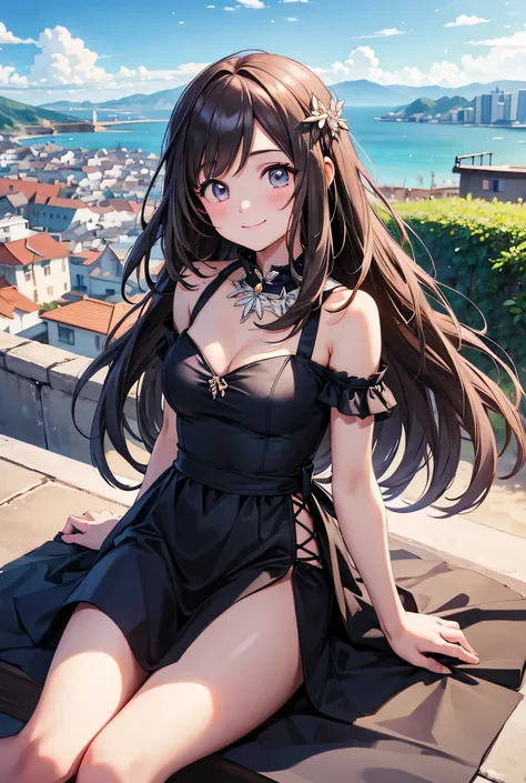 Incredibly Detailed, absurd dress, ultra-highres, super detailed, best quality,
1 girl, solo, nice hands, perfect hands,
break princess, one piece dress at the beach,
happy smile, smiles, take your eyes off,
sitting, Cute Poses,
from below, cowboy shooting...