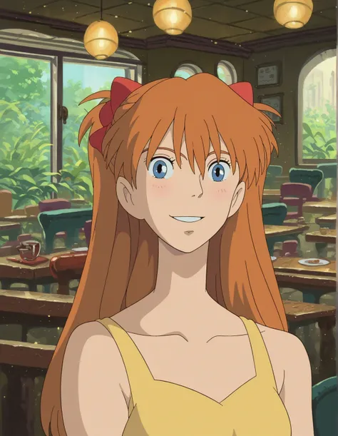 ghibli_style, score_9, score_8_up, bust, human, Asuka Langley, single female, 1 girl, female, looking at you, medium breasts, confident, yellow sundress, inside a restaurant, smiling