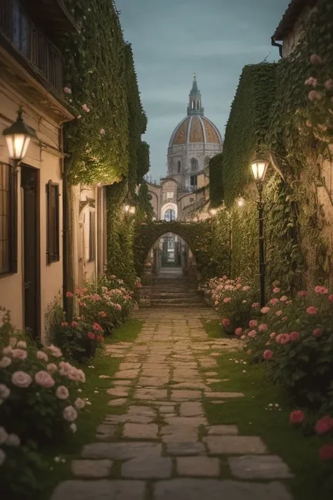 (tilt-shift photography:1.5),Let Him Flrsh,(masterpiece, Best Qual Ély, very detailed, intricate),a walkway in a garden WéLH lots of green plants and trees on Eélher side of Him,(Climbing Rose:1.2),lozano, flourishing, unimaginable beauty , Florencia Eng...