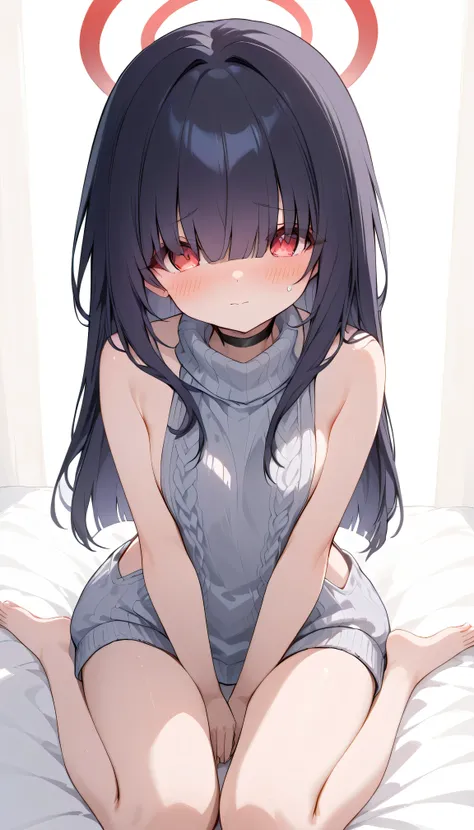 justice task force member (blue archive),red eyes,hair over eyes, black hair,halo,choker,solo, I can see my eyebrows from inside my hair, hair between eyes, Blushing Embarrassed, viewers, masterpiece, best quality, very aesthetic, thick thighs, widen legs　...