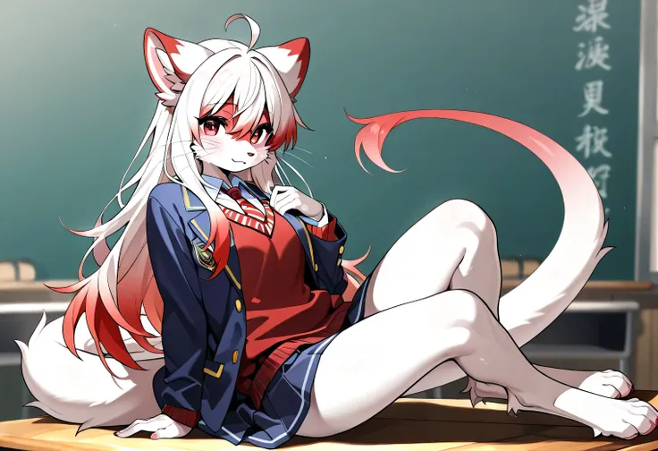 full body、Solo、unpralleled masterpiece、Detailed、Beautiful、score_9、score_8_up、score_7_up、score_6_up、moody atmosphere、magic、anthro、female、furry、long tail、whiskers、long hair、beautiful hair、(digitigrade)、(school uniform blazer white shirt red sweater with neck...