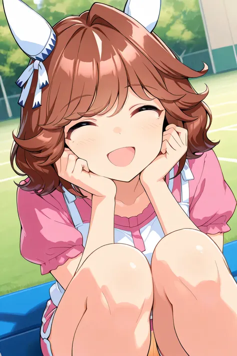 nsfw,haiseiko \(umamusume\),masterpiece,best quality,(((gym sitting))),(((Sit with your legs open))),((( standing on both knees))),((close-up image from the front)),((white micro mini dolphin shorts)),((yellow panties)),((Pink short sleeve shirt)),(cheek s...