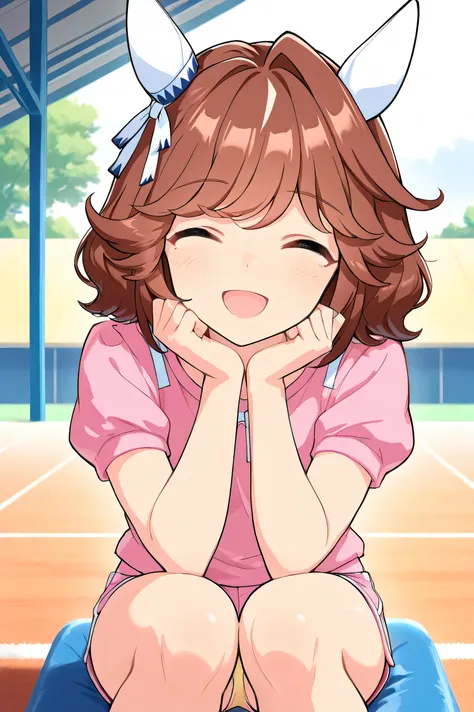 nsfw,haiseiko \(umamusume\),masterpiece,best quality,(((gym sitting))),(((Sit with your legs open))),((( standing on both knees))),((close-up image from the front)),((white micro mini dolphin shorts)),((yellow panties)),((Pink short sleeve shirt)),(cheek s...