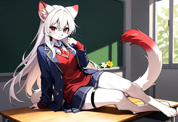 full body、Solo、unpralleled masterpiece、Detailed、Beautiful、score_9、score_8_up、score_7_up、score_6_up、moody atmosphere、magic、anthro、female、furry、long tail、whiskers、long hair、beautiful hair、(digitigrade)、(school uniform blazer white shirt red sweater with neck...