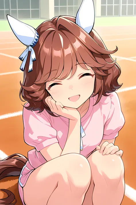 nsfw,haiseiko \(umamusume\),masterpiece,best quality,(((gym sitting))),(((Sit with your legs open))),((( standing on both knees))),((close-up image from the front)),((white micro mini dolphin shorts)),((yellow panties)),((Pink short sleeve shirt)),(cheek s...