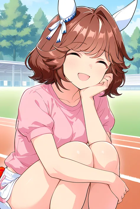 nsfw,haiseiko \(umamusume\),masterpiece,best quality,(((gym sitting))),(((Sit with your legs open))),((( standing on both knees))),((close-up image from the front)),((white micro mini dolphin shorts)),((yellow panties)),((Pink short sleeve shirt)),(cheek s...