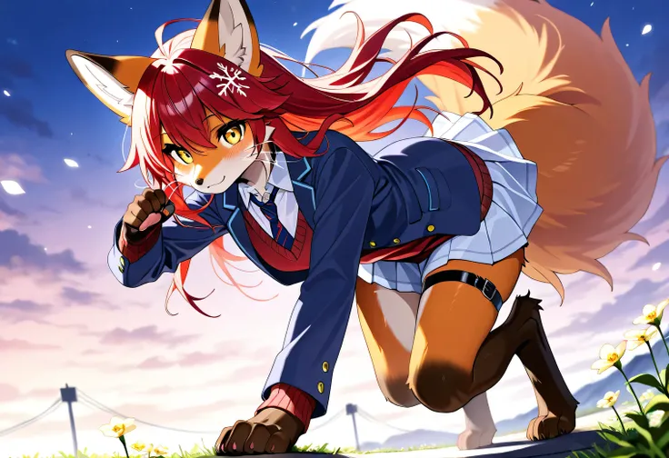 full body、Solo、unpralleled masterpiece、Detailed、Beautiful、score_9、score_8_up、score_7_up、score_6_up、moody atmosphere、magic、anthro、female、furry、fox、orange fur、yellow eyes、long fluffy tail、foxy whiskers、long hair、scarlet red hair、bangs、beautiful hair、(digitig...