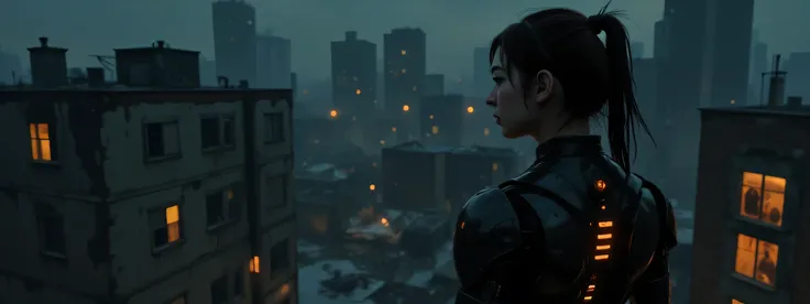 A post-apocalyptic cyborg woman with an intriguing blend of organic and mechanical elements. She stands on a tall building, looking down at the ruins of a bombed city far below. She has segmented cables instead of hair. Her armor is dusty and smashed and b...