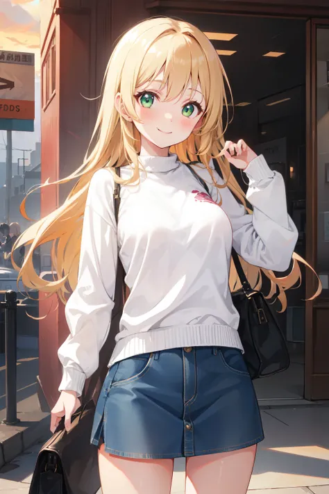 1girl, blonde hair, long hair, smile, cowboy shot, standing, looking at viewer, green eyes, medium breast, glay sweater, denim skirt, thighs, bag, sunset, high resolution, best quality