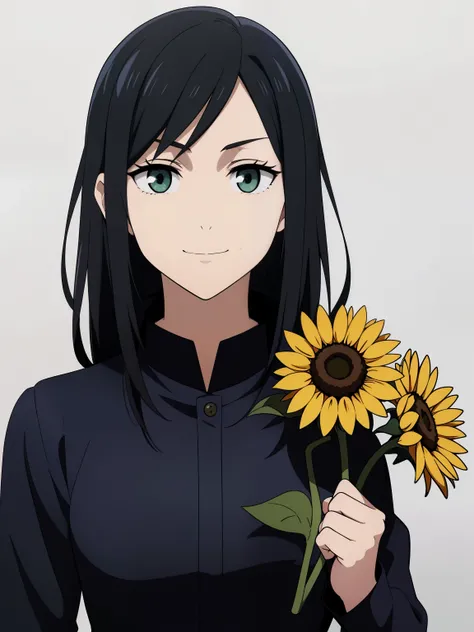 (high-quality, breathtaking),(expressive eyes, perfect face) 1girl, female, solo, ager, black hair, bright meadow green eye color, medium hair length, looking at viewer, half body, bright smile, kind face, cheerful expression, slightly tanned skin, dark bl...