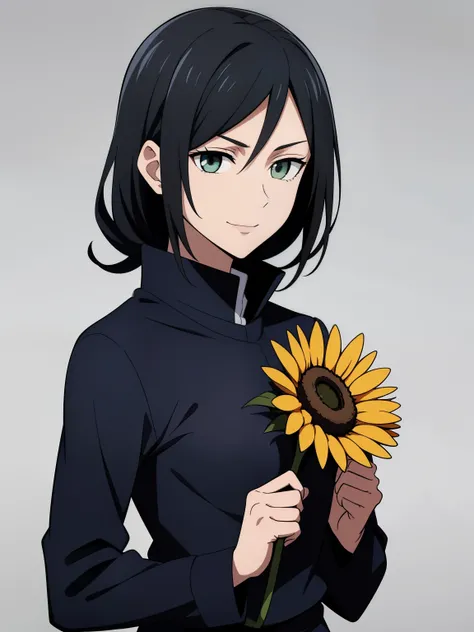 (high-quality, breathtaking),(expressive eyes, perfect face) 1girl, female, solo, ager, black hair, bright meadow green eye color, medium hair length, looking at viewer, half body, bright smile, kind face, cheerful expression, slightly tanned skin, dark bl...