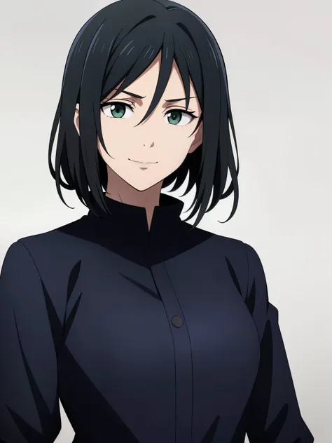 (high-quality, breathtaking),(expressive eyes, perfect face) 1girl, female, solo, ager, black hair, bright meadow green eye color, medium hair length, looking at viewer, half body, bright smile, kind face, cheerful expression, slightly tanned skin, dark bl...