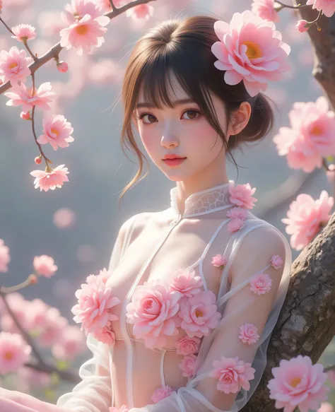 CG girl,big eyes,spray gun,flowers in a transparent female body, beautiful transparent body,in the shape of a girl, The palette of flowers in a transparent female body {x} is made of clear glass ,Full of flowers, sitting on a cherry tree in the forest, Be...