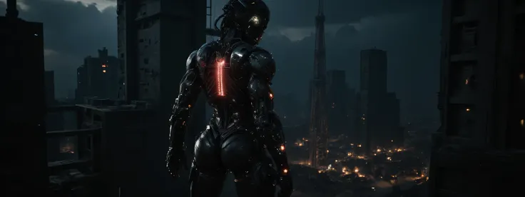 A biopunk woman stands on a tall building, looking down at the ruins of a bombed city far below. She is half machine, half woman, is heavily battle damaged, the areas that are still skin bloody and sweating. The lighting is very dark, the subtle LED of her...