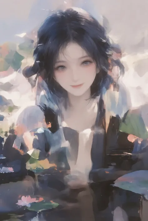 ((4K, masterpiece,Quality Best)), shuimobysim, Chinese painting, lotus, hanfu, Maximum Kit, Wearing open, swf 1 girl, alone, long blue hair,  Smile, standing, feet in the water, barefoot,