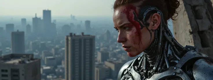 A biopunk woman stands on a tall building, looking down at the ruins of a bombed city far below. She is half machine, half woman, is heavily battle damaged, the areas that are still skin bloody and sweating. The lighting is very dark, the subtle LED of her...