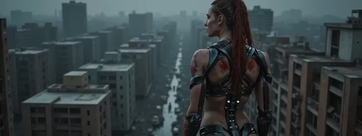 A biopunk woman stands on a tall building, looking down at the ruins of a bombed city far below. She is half machine, half woman, is heavily battle damaged, the areas that are still skin bloody and sweating. The lighting is very dark, the subtle LED of her...