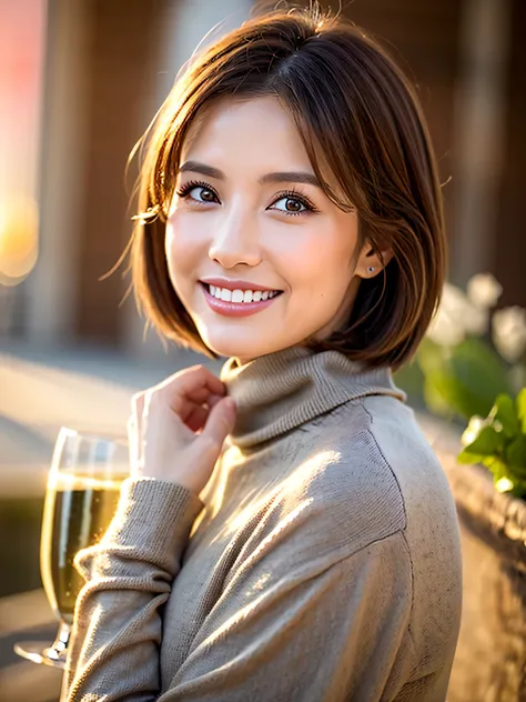 ((champagne))),(( wine glasses)),Wine Party,(White Wine)),(( wine glasseses)),(realistic, 超realistic:1.4), 16K high image qualityR, high image quality ,((White Wine)),happy smile、 Age 33,37 years old, short hair, has the best smile around my eyes、Br...