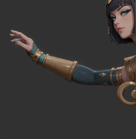 3D character arm detail with layered Egyptian-inspired armor. Gold forearm bracer with segmented plates and raised edges. Turquoise rectangular inlay centered on the bracer. Gray fabric sleeve underneath armor. Gold trim bands wrapping around upper arm wit...