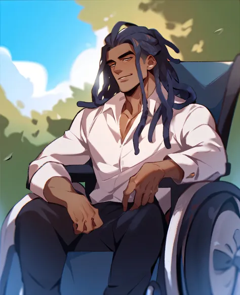 black man, long dreads, long hair, dark blue, artist, handsome, black man with long dreadlocks and long dark blue hair, handsome face, dark skin,brown skin,artist, in wheelchair